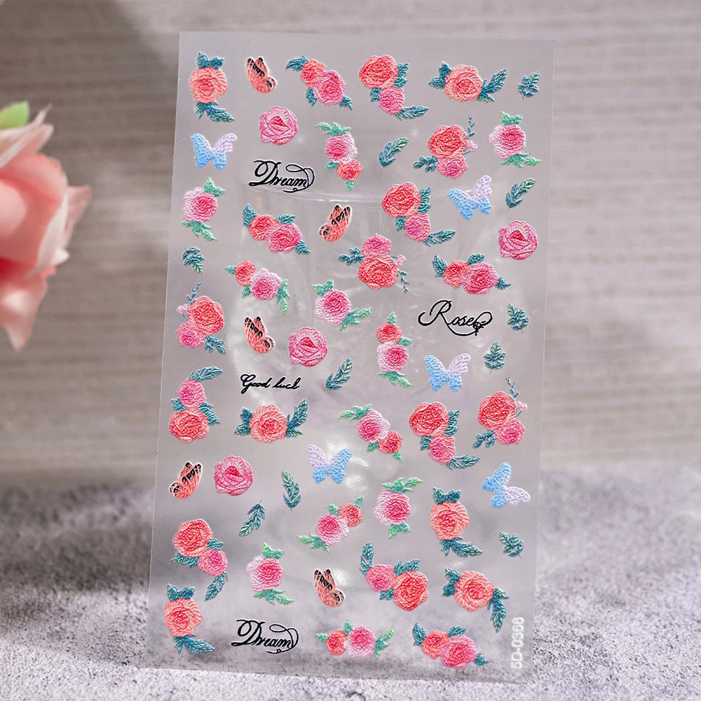 5D Embossed Nail Stickers — Valentine's Day Red Rose Flower Decals