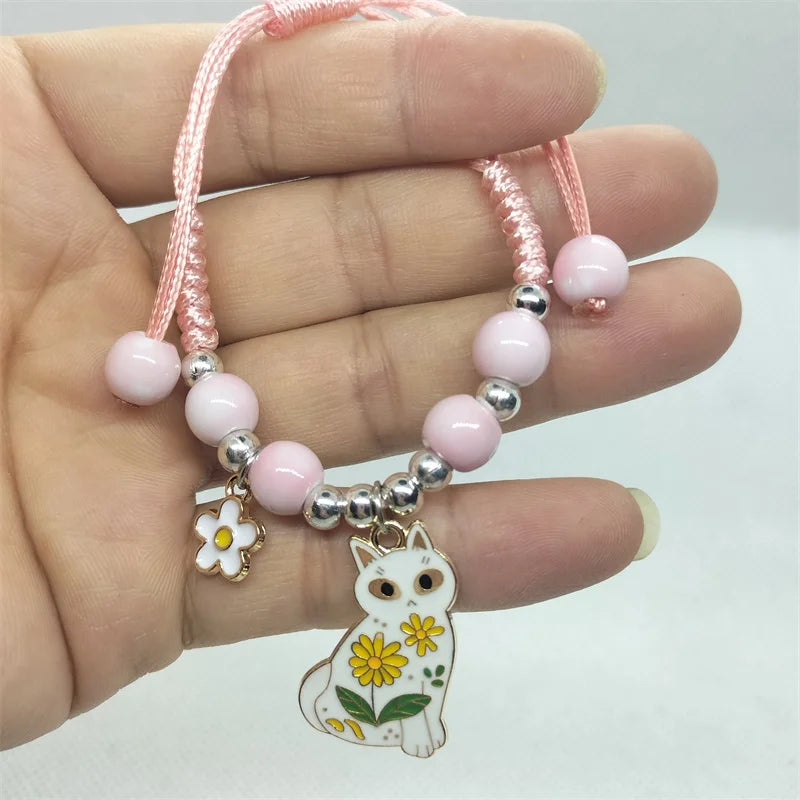 Cartoon Animal Charm Bracelet – Cat & Flower Friendship Jewelry for Girls
