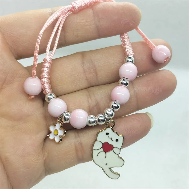Cartoon Animal Charm Bracelet – Cat & Flower Friendship Jewelry for Girls