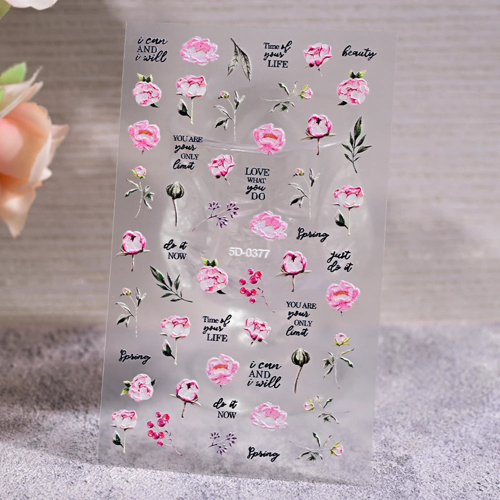5D Embossed Nail Stickers — Valentine's Day Red Rose Flower Decals