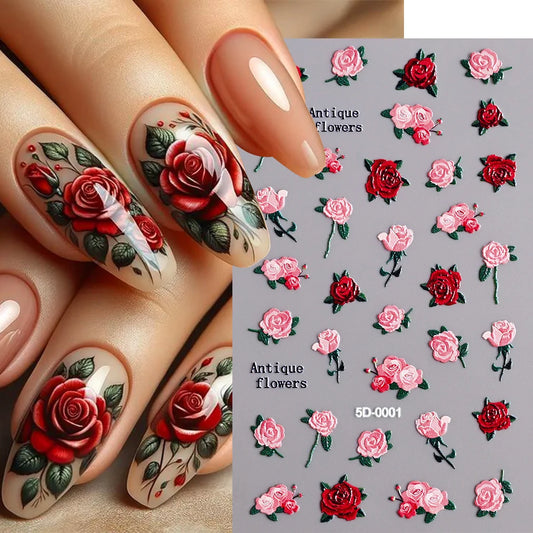 5D Embossed Nail Stickers — Valentine's Day Red Rose Flower Decals