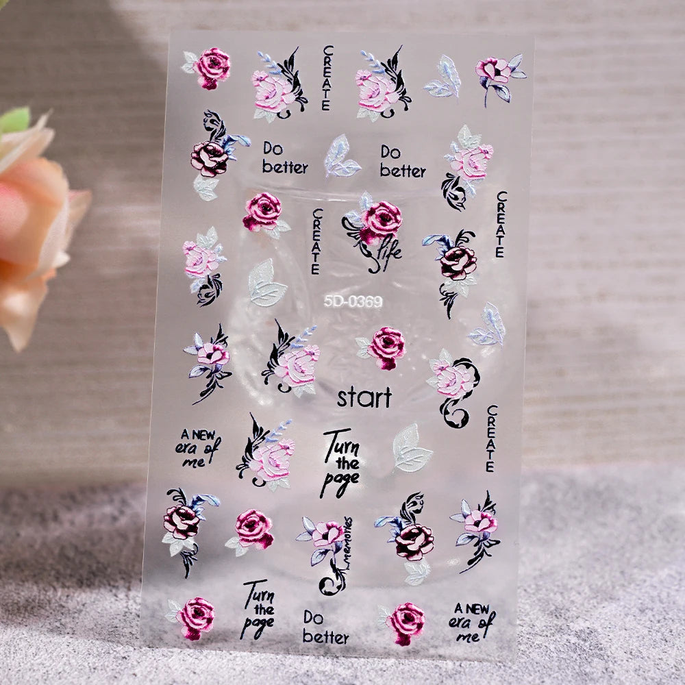 5D Embossed Nail Stickers — Valentine's Day Red Rose Flower Decals