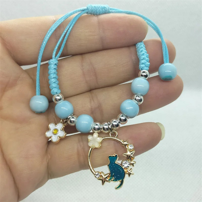 Cartoon Animal Charm Bracelet – Cat & Flower Friendship Jewelry for Girls