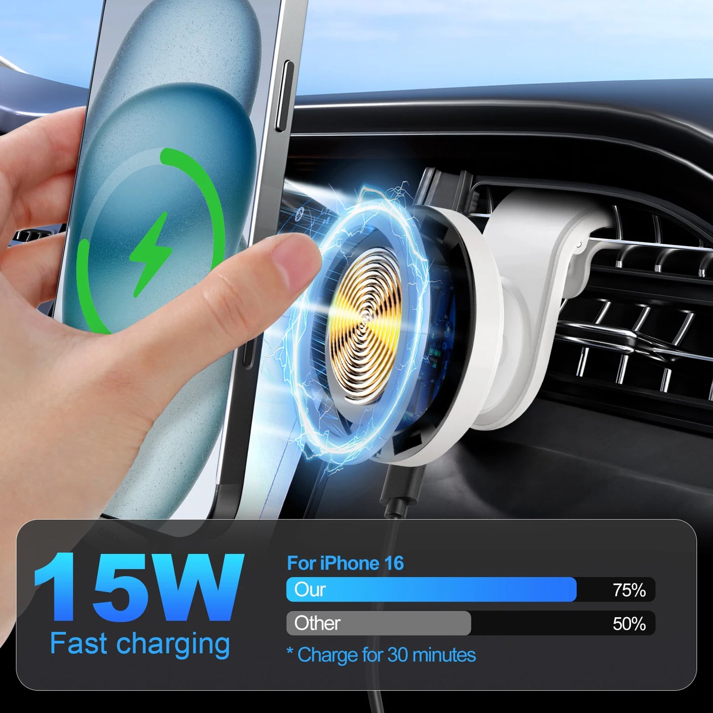 15W Magnetic Wireless Car Charger Mount – Fast Charging Air Vent Phone Holder for iPhone 17-13 Series