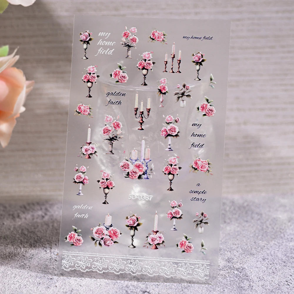 5D Embossed Nail Stickers — Valentine's Day Red Rose Flower Decals
