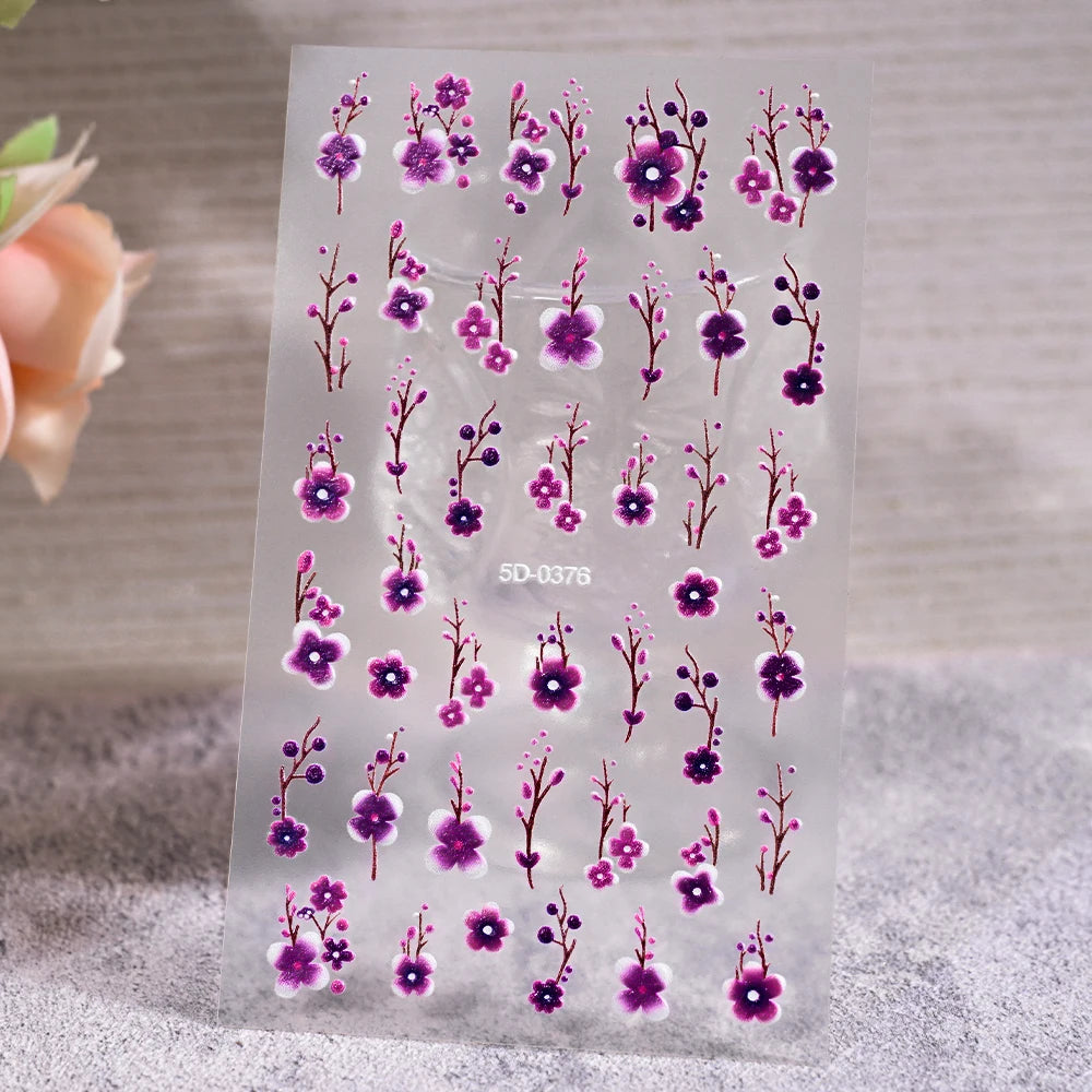 5D Embossed Nail Stickers — Valentine's Day Red Rose Flower Decals