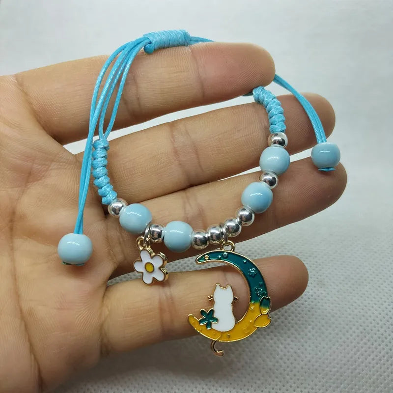 Cartoon Animal Charm Bracelet – Cat & Flower Friendship Jewelry for Girls