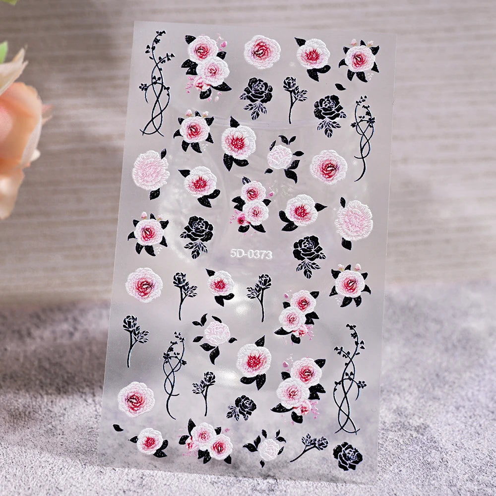 5D Embossed Nail Stickers — Valentine's Day Red Rose Flower Decals