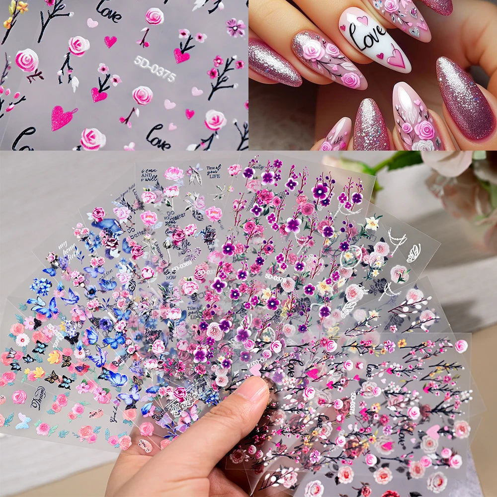 5D Embossed Nail Stickers — Valentine's Day Red Rose Flower Decals