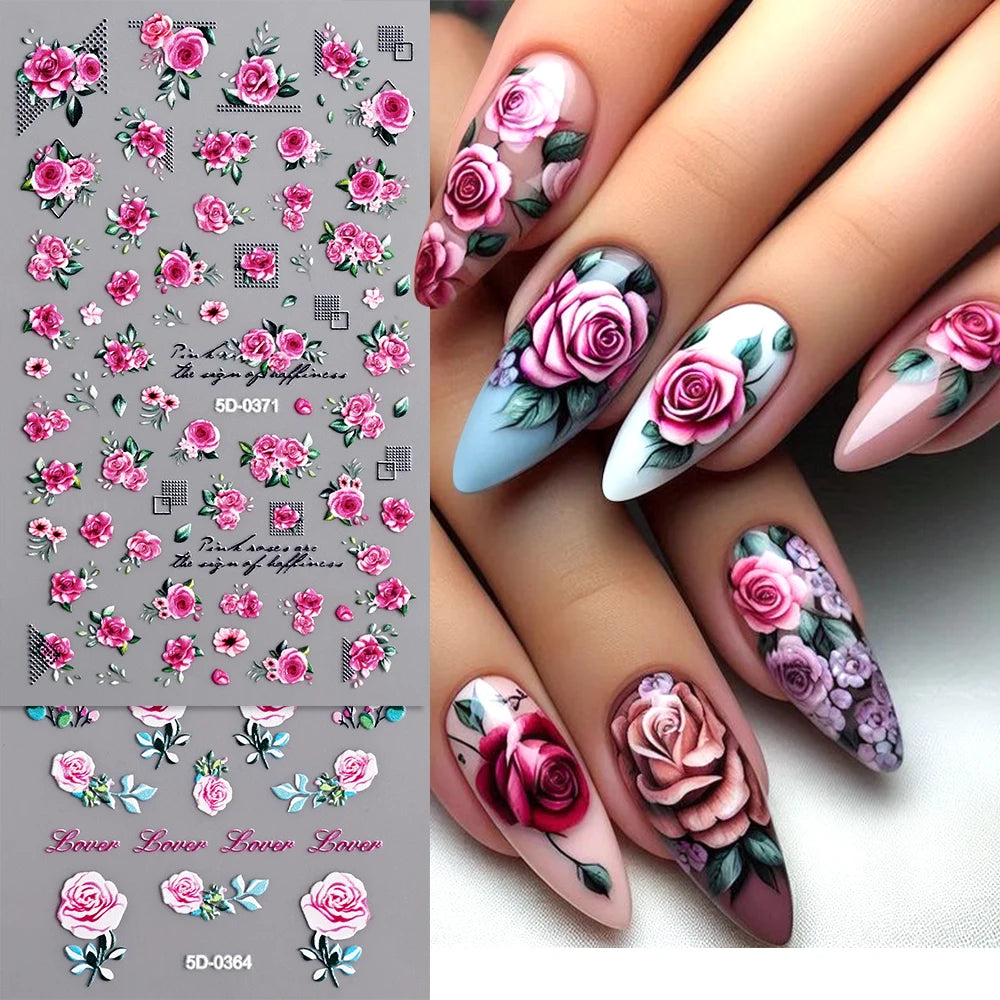 5D Embossed Nail Stickers — Valentine's Day Red Rose Flower Decals