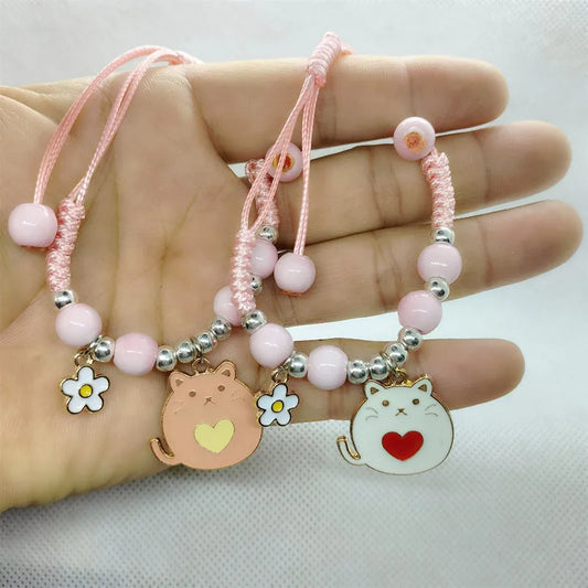 Cartoon Animal Charm Bracelet – Cat & Flower Friendship Jewelry for Girls