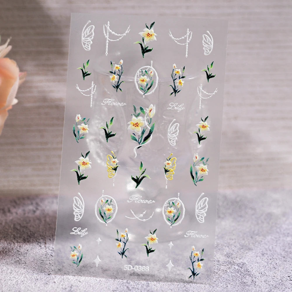 5D Embossed Nail Stickers — Valentine's Day Red Rose Flower Decals