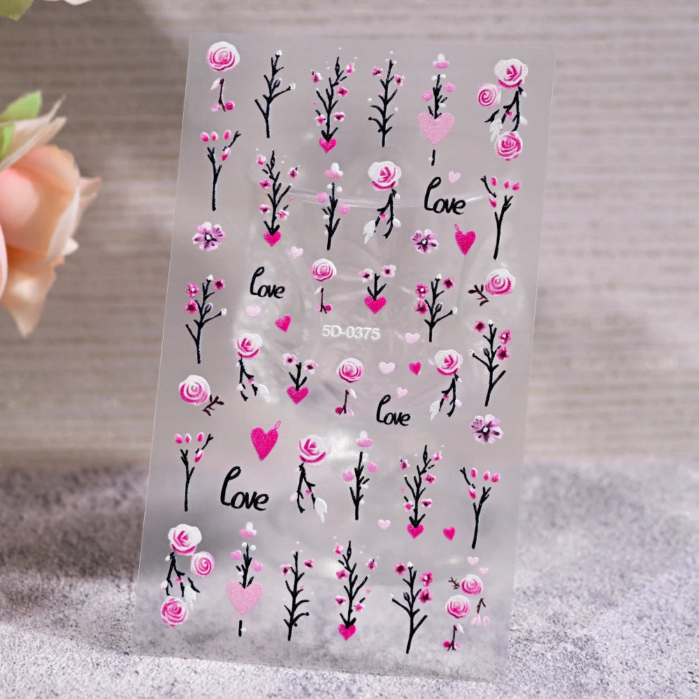 5D Embossed Nail Stickers — Valentine's Day Red Rose Flower Decals