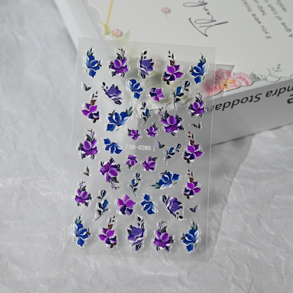 5D Embossed Nail Stickers — Valentine's Day Red Rose Flower Decals