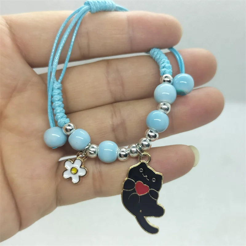 Cartoon Animal Charm Bracelet – Cat & Flower Friendship Jewelry for Girls
