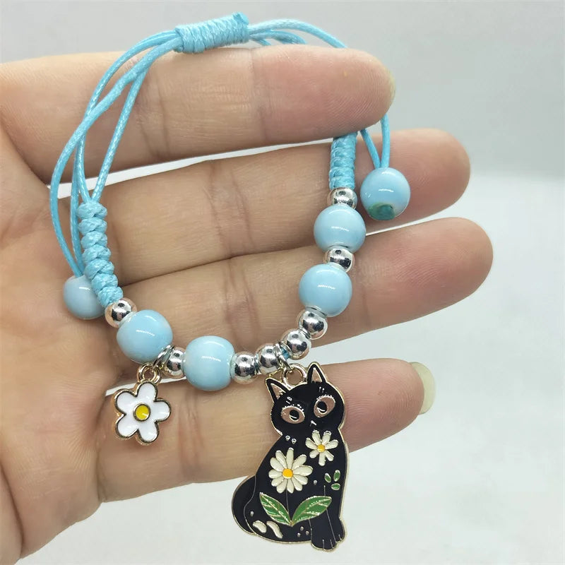 Cartoon Animal Charm Bracelet – Cat & Flower Friendship Jewelry for Girls