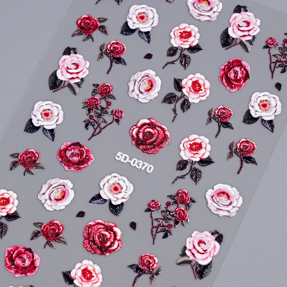 5D Embossed Nail Stickers — Valentine's Day Red Rose Flower Decals