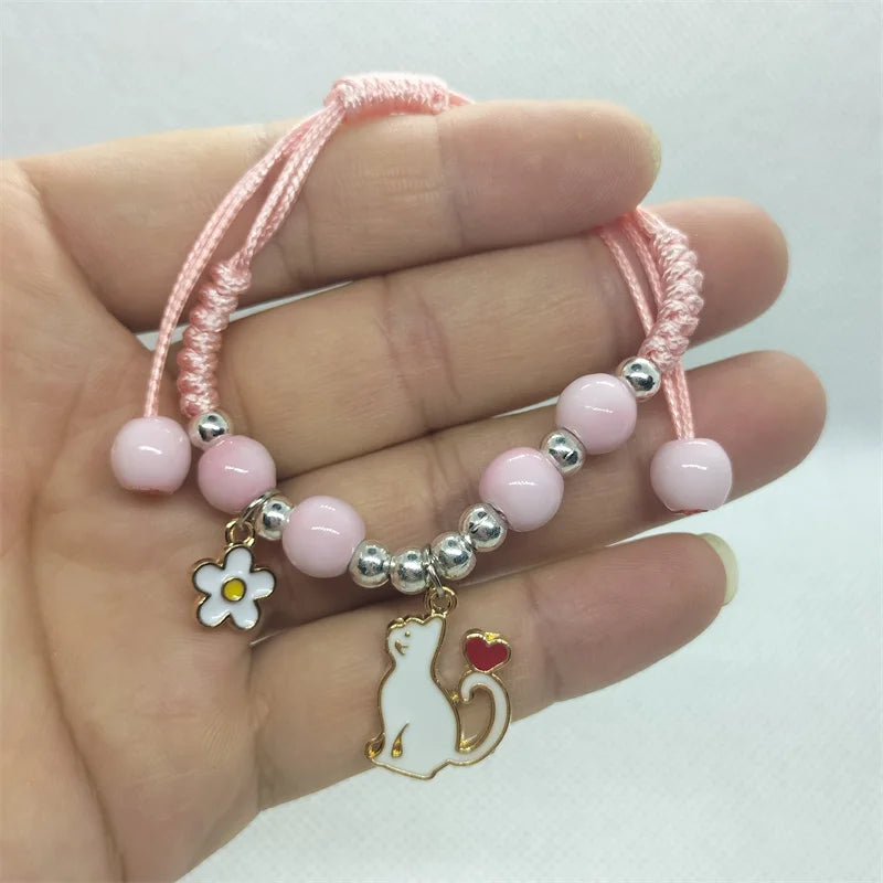 Cartoon Animal Charm Bracelet – Cat & Flower Friendship Jewelry for Girls