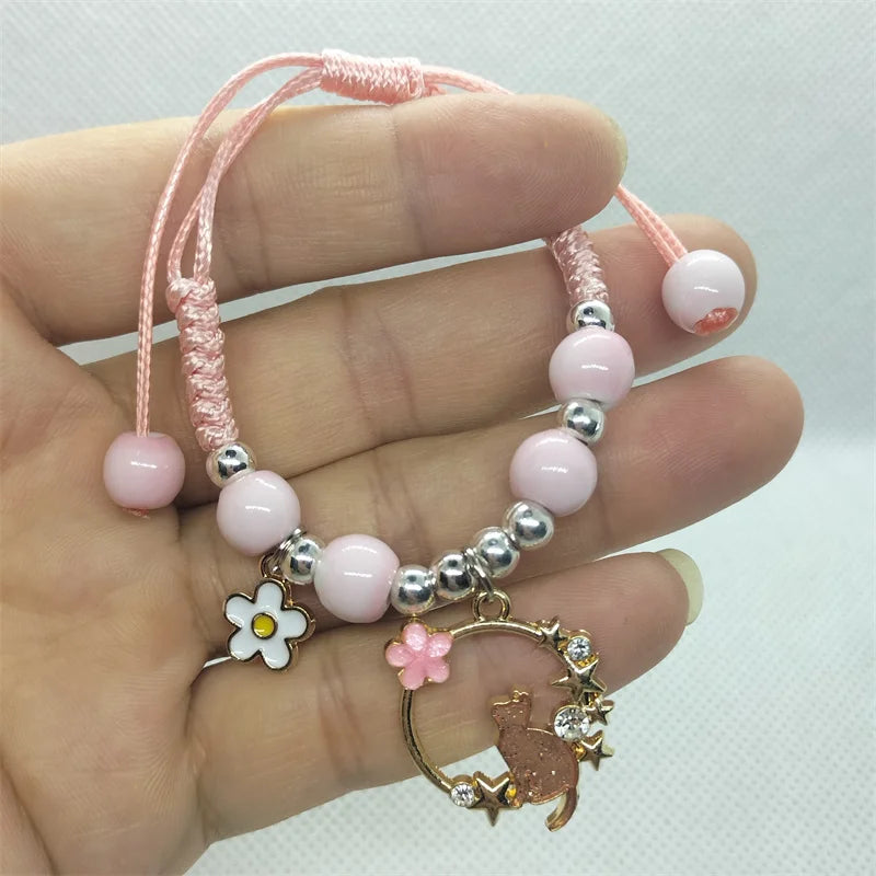 Cartoon Animal Charm Bracelet – Cat & Flower Friendship Jewelry for Girls