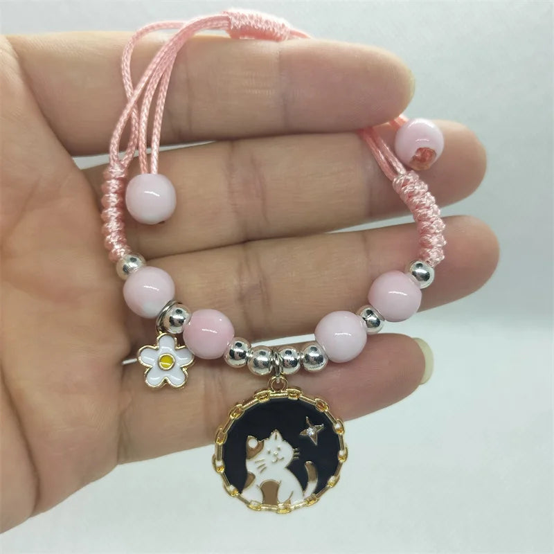 Cartoon Animal Charm Bracelet – Cat & Flower Friendship Jewelry for Girls