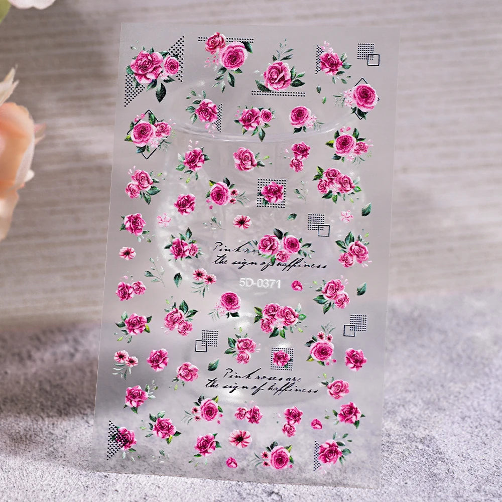 5D Embossed Nail Stickers — Valentine's Day Red Rose Flower Decals