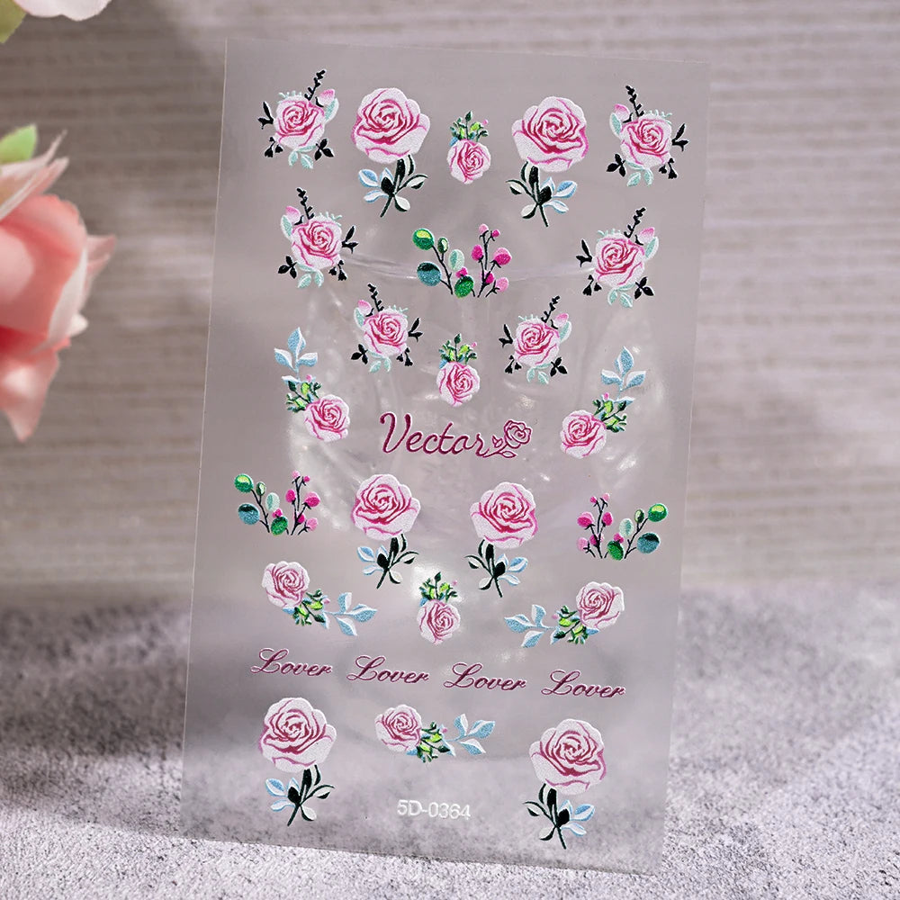 5D Embossed Nail Stickers — Valentine's Day Red Rose Flower Decals