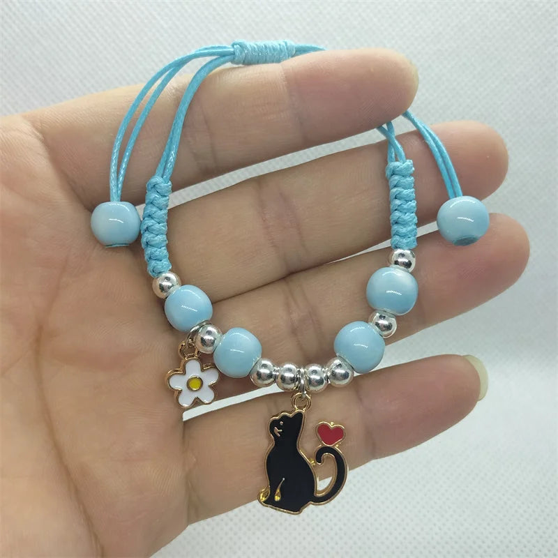 Cartoon Animal Charm Bracelet – Cat & Flower Friendship Jewelry for Girls