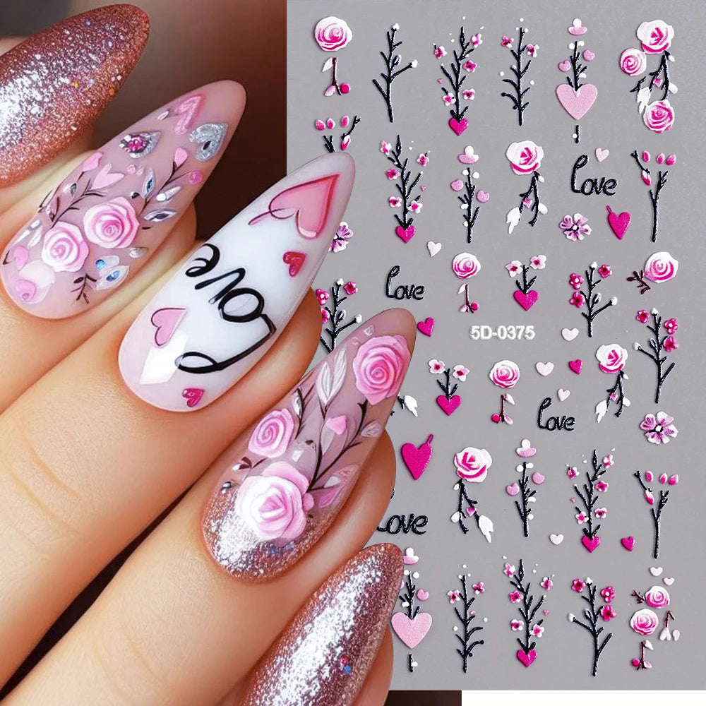 5D Embossed Nail Stickers — Valentine's Day Red Rose Flower Decals