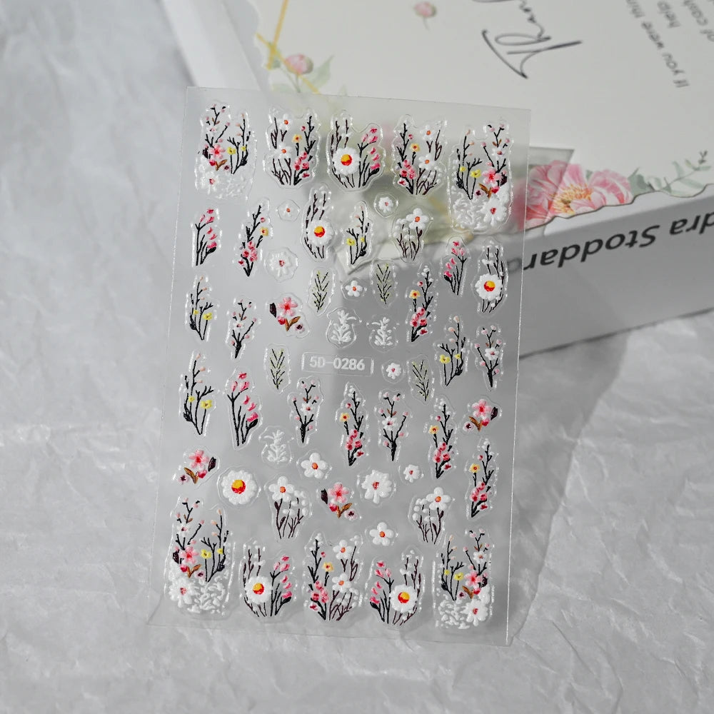 5D Embossed Nail Stickers — Valentine's Day Red Rose Flower Decals