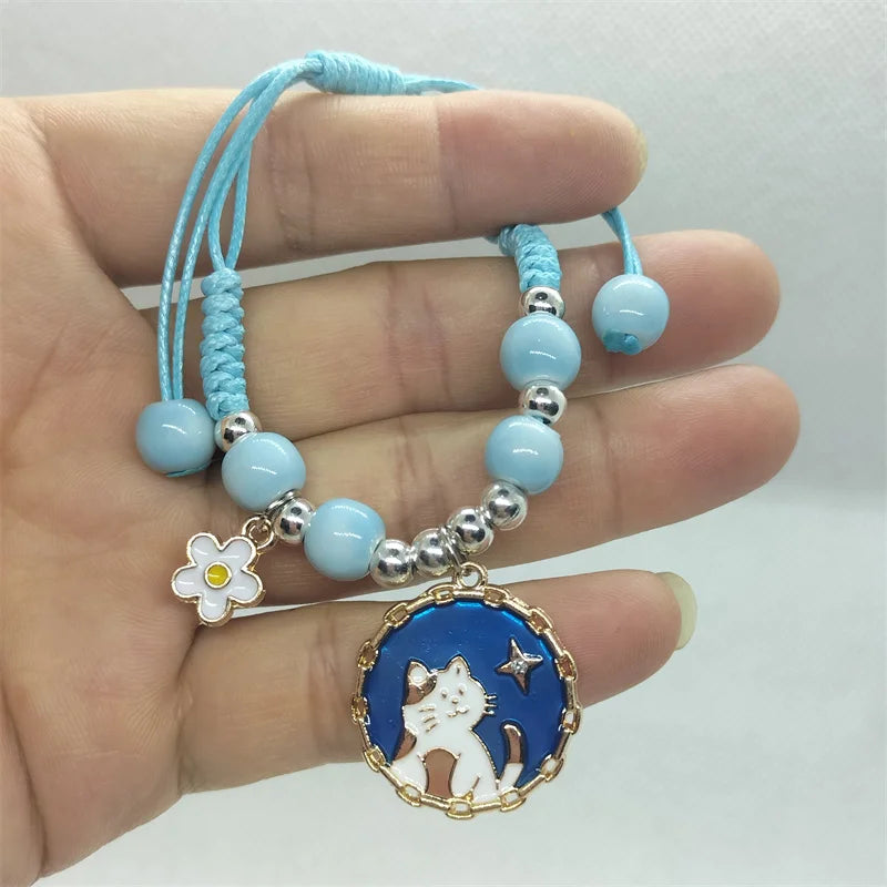 Cartoon Animal Charm Bracelet – Cat & Flower Friendship Jewelry for Girls