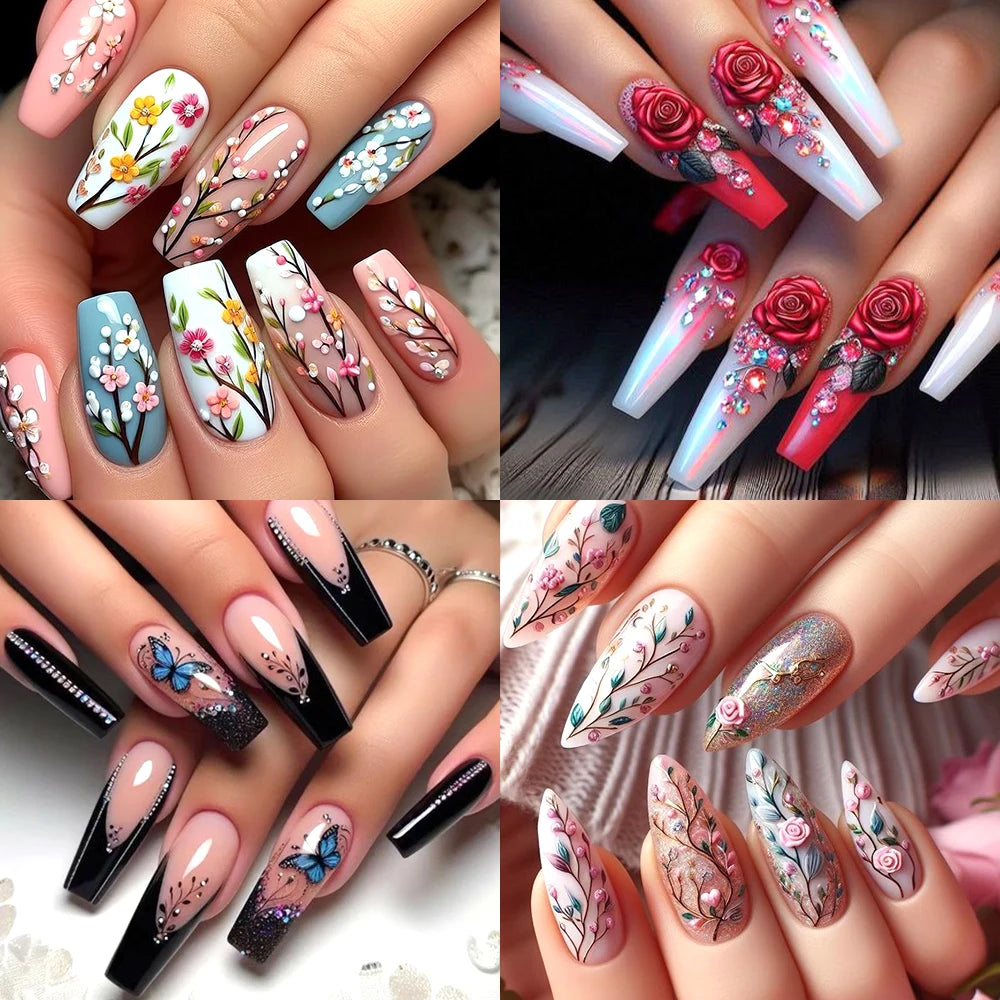 5D Embossed Nail Stickers — Valentine's Day Red Rose Flower Decals