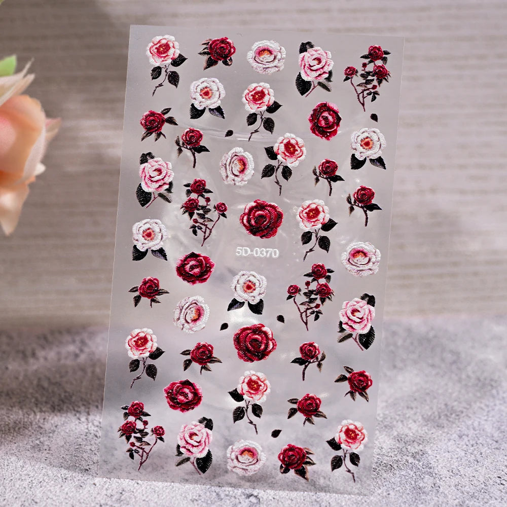 5D Embossed Nail Stickers — Valentine's Day Red Rose Flower Decals