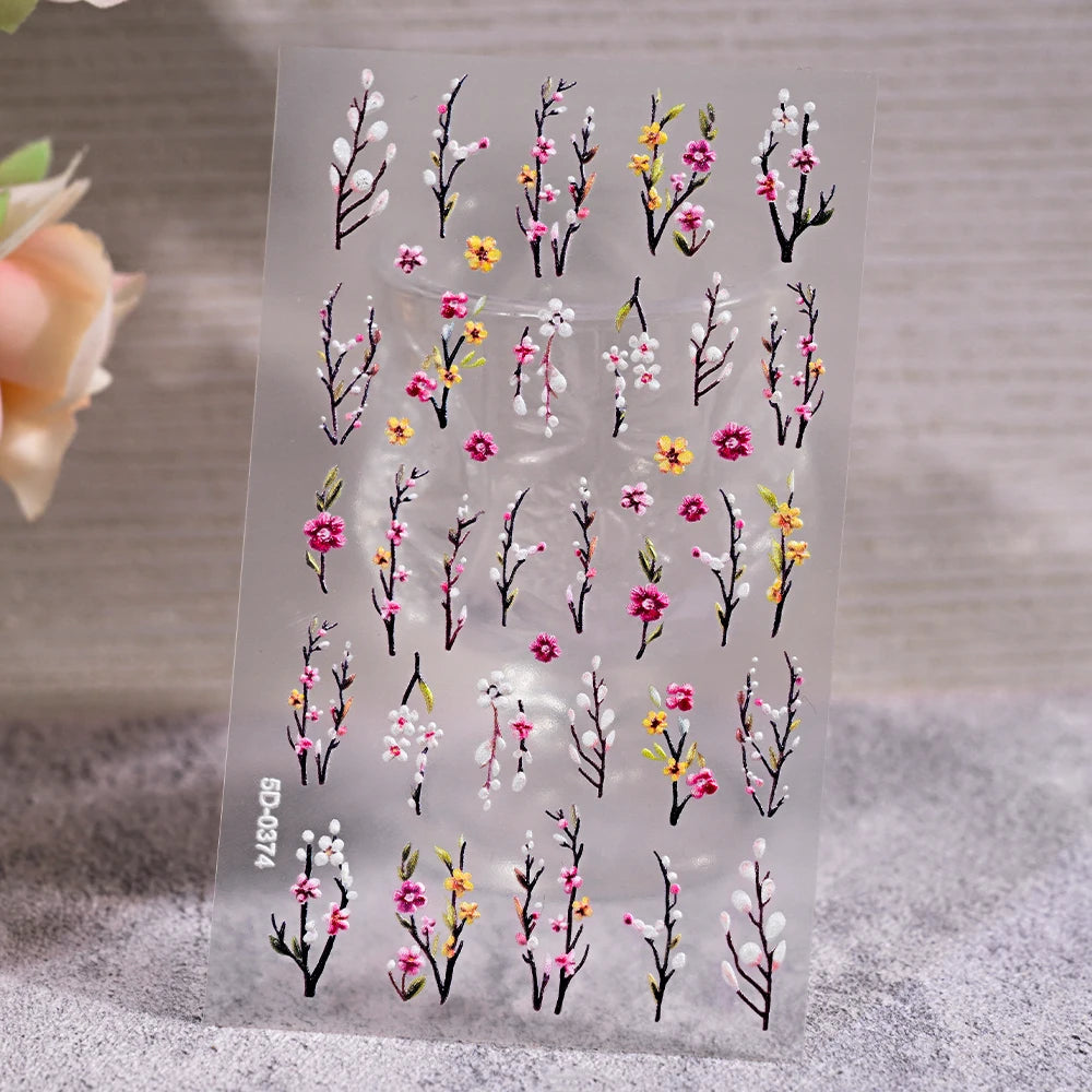 5D Embossed Nail Stickers — Valentine's Day Red Rose Flower Decals