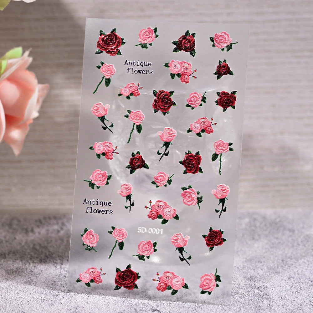 5D Embossed Nail Stickers — Valentine's Day Red Rose Flower Decals
