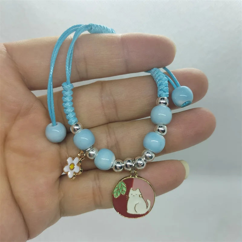 Cartoon Animal Charm Bracelet – Cat & Flower Friendship Jewelry for Girls