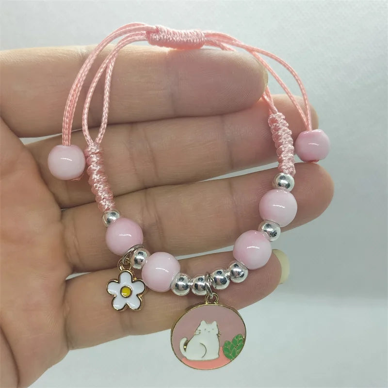 Cartoon Animal Charm Bracelet – Cat & Flower Friendship Jewelry for Girls
